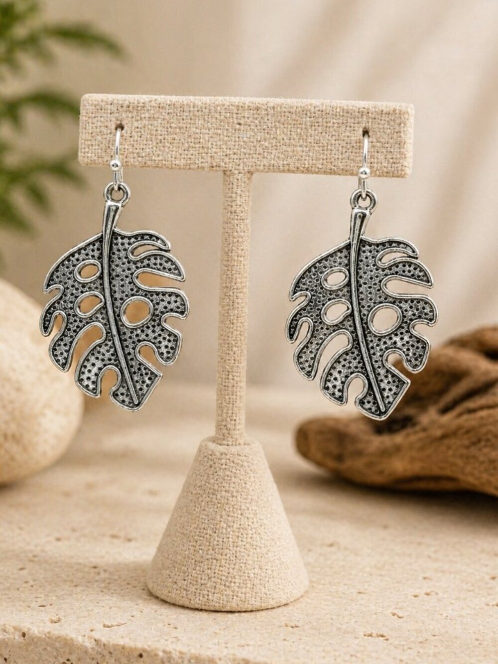 Antique Silver Monstera Leaf Drop Earrings - Picture 2 of 4